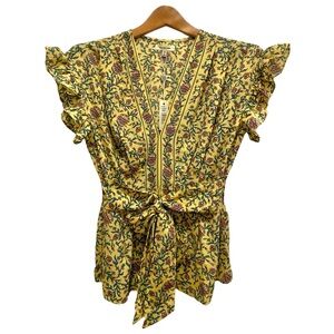 MAX STUDIO Buttercup Yellow Floral V-Neck Ruffle Cap Sleeve Waist Tie Top